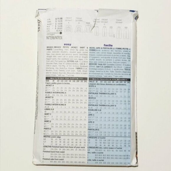 Vintage Butterick Sewing Pattern 5839 Misses Jacket Skirt Pants Size 20-24 - Picture 2 of 2